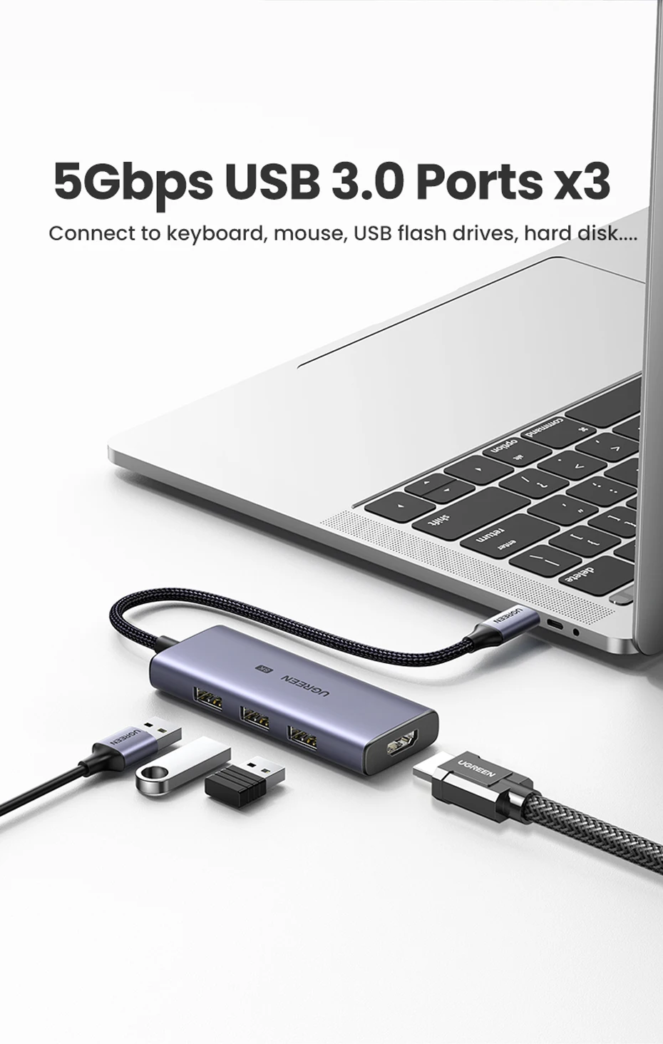 Bộ chuyển đổi đa năng USB-C Ugreen CM500 50629 - <ul> <li data-sourcepos="1:1-1:51">Bộ chuyển đổi đa năng USB-C Ugreen CM500 50629</li> <li>Đầu vào: USB-C Male</li> <li>Đầu ra: 3 x USB 3.0 Female, 1 x HDMI Female</li> <li>Tốc độ truyền dữ liệu: USB 3.0: 5Gbps</li> <li>Độ phân giải HDMI: Lên đến 8K@30Hz hoặc 4K@120Hz</li> <li>Kích thước: 11.5 x 5.5 x 1.5 cm</li> <li>Trọng lượng: 100g</li> </ul>
