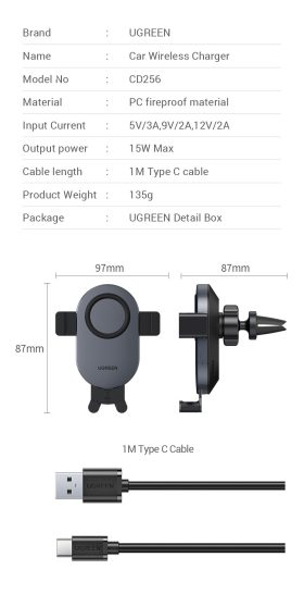 Bộ đế sạc xe hơi không dây 15W Ugreen CD256 - <ul> <li>Bộ đế sạc xe hơi không dây 15W Ugreen CD256</li> <li>Đầu vào: 5V=2A 9V=2A 12V=2A</li> <li>Công suất đầu ra: 15W</li> <li>Điện thoại tương thích: 4.7''-6.7''</li> <li>Cảm biến tự động khóa</li> <li>Độ dày của các lỗ thông gió: 2-4mm</li> <li>Đầu ra sạc không dây Qi: 15W/10W/7.5W/5W</li> </ul>