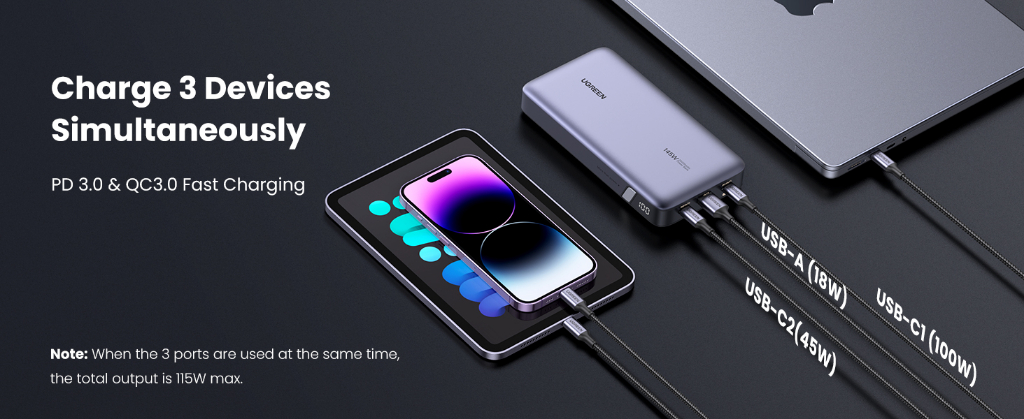 Bộ pin sạc dự phòng UGREEN 25000mAh 145W - Chuẩn USB-C, PD3.0, QC3.0 PB205 - <ul> <li>- Model: Ugreen 25000mah 145w</li> <li class="irIKAp">- USB-C 1 đầu vào: 5V3A, 9V3A, 12V3A, 15V3A, 20V3.25A;</li> <li class="irIKAp">- USB-C 1 đầu ra: 5V3A, 9V3A, 12V3A, 15V3A, 20V5A;</li> <li class="irIKAp">- Đầu vào / đầu ra USB-C 2: 5V3A, 9V3A, 12V3A, 15V3A, 20V2.25A;</li> <li class="irIKAp">- Đầu ra USB-A: 5V3A, 9V3A, 12V1.5A;</li> <li class="irIKAp">- Tổng đầu ra: 5V6A, 9V6A, 12V6A, 15V6A, 20V7.25A;</li> <li class="irIKAp">- Năng lượng tế bào (định mức): 88,2Wh, 3,6V, 24500mAh;</li> <li class="irIKAp">- Năng lượng tế bào (điển hình): 90Wh, 3.6V, 25000mAh;</li> <li class="irIKAp">- Công suất định mức: 14500mAh (TYP 5V6A);</li> <li class="irIKAp">- Điện áp giới hạn sạc pin: 4.25V và cảnh báo an toàn bên dưới.</li> <li class="irIKAp">- Khối lượng: 498g</li> <li class="irIKAp">- Kích thước: 32 x 20 x 5 cm</li> </ul>