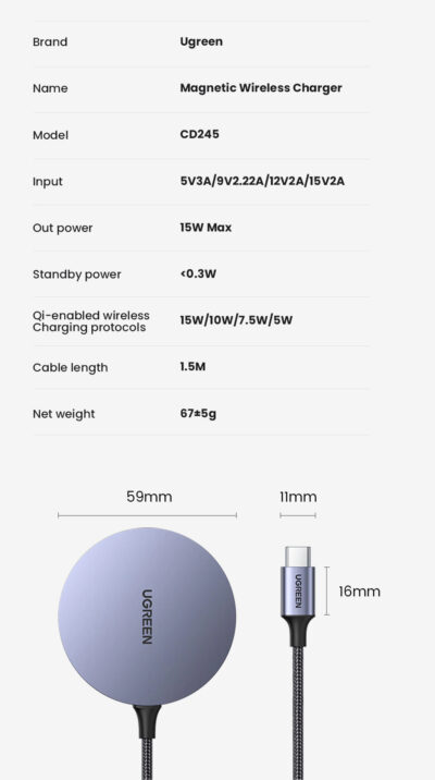 Bộ sạc không dây từ tính UGREEN 15W CD245 - <ul> <li>Bộ sạc không dây từ tính UGREEN 15W CD245</li> <li>Đầu vào: 5V = 2A 9V = 2A 12V = 2A</li> <li>Công suất: 15W</li> <li>Đầu ra cho thiết bị iOS: 7,5W</li> <li>Hỗ trợ QI</li> <li>Khoảng cách cảm biến (trường hợp trên): ≤ 5mm</li> <li>Đèn báo LED</li> <li>Chứng nhận FCC, CE</li> <li>Kèm theo cáp sạc 1M</li> </ul>