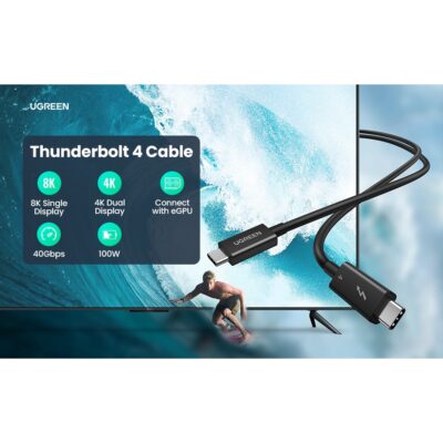 Cáp Thunderbolt 4 40Gbps 100W Data Ugreen US501 - 30389, 60621 - Cáp Thunderbolt 4 40Gbps 100W Data Ugreen USS501 * Đầu vào: Type C * Đầu ra: Type C * Chức năng: Truyền dữ liệu + sạc + Âm thanh & video * Chuẩn Thunderbolt 4, 40Gbps ,tương thích ngược với USB4 / 3.1 / 3.0 / 2.0. * Sạc nhanh hơn 5A （PD 100W） * Truyền âm thanh và video đồng thời * Tích hợp IC hoạt động, Hỗ trợ độ phân giải cao 8K @ 60Hz hoặc màn hình kép 4K @ 60Hz