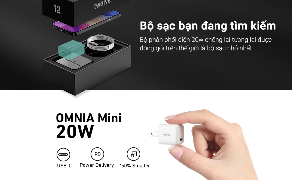 Aukey PA-B1 Củ sạc 20W Omnia™ Gan USB C hỗ trợ sạc nhanh Type C PD 3.0 cho iPhone - <ul> <li class="irIKAp">Model: Aukey PA-B1</li> <li class="irIKAp">Công nghệ “ Power Delivery 3.0, Sạc nhanh 2.0</li> <li class="irIKAp">Đầu vào ' AC 100 '240V 50 / 60Hz 0,6A</li> <li class="irIKAp">Đầu ra Usb-c ' ( Phân phối điện 20W 3.0) DC 5V 3A, 9V 2.22A</li> <li class="irIKAp">Công suất tối đa 20W ( Sạc nhanh 18W 2.0) DC 5V 3A , 9V 2A , 12V 1.5A</li> <li class="irIKAp">Kích thước - 28,8x28,8x30,5mm / 1,13'x 1,13'x 1,20 '</li> <li class="irIKAp">Trọng lượng “ 33g / 1.16oz</li> </ul>