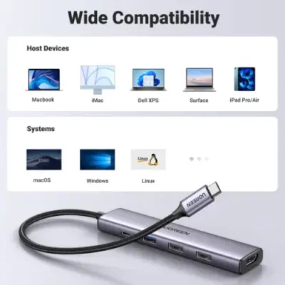 Hub chuyển đổi USB C 5 in 1 Ugreen CM478 15495 - <ul data-sourcepos="16:1-22:0"> <li data-sourcepos="9:1-9:36">Model: <strong>Ugreen CM478 15495</strong></li> <li data-sourcepos="9:1-9:36">1 cổng USB 3.0 Type-A Female (cái)</li> <li data-sourcepos="10:1-10:36">2 cổng USB 2.0 Type-A Female (cái)</li> <li data-sourcepos="11:1-11:26">1 cổng HDMI Female (cái)</li> <li data-sourcepos="12:1-13:0">1 cổng USB Type-C Female (cái)</li> <li data-sourcepos="16:1-18:75">Chuẩn USB: <ul data-sourcepos="17:5-18:75"> <li data-sourcepos="17:5-17:77">1 cổng USB 3.0: Tốc độ lên đến 5Gbps, tương thích ngược với USB 2.0/1.1</li> <li data-sourcepos="18:5-18:75">2 cổng USB 2.0: Tốc độ lên đến 480Mbps, tương thích ngược với USB 1.1</li> </ul> </li> <li data-sourcepos="19:1-19:36">Độ phân giải HDMI: Lên đến 4K@30Hz</li> <li data-sourcepos="20:1-20:57">Cổng USB-C cái: Hỗ trợ sạc Power Delivery (PD) 100W</li> <li data-sourcepos="21:1-22:0">Chất liệu: Vỏ nhôm</li> </ul>