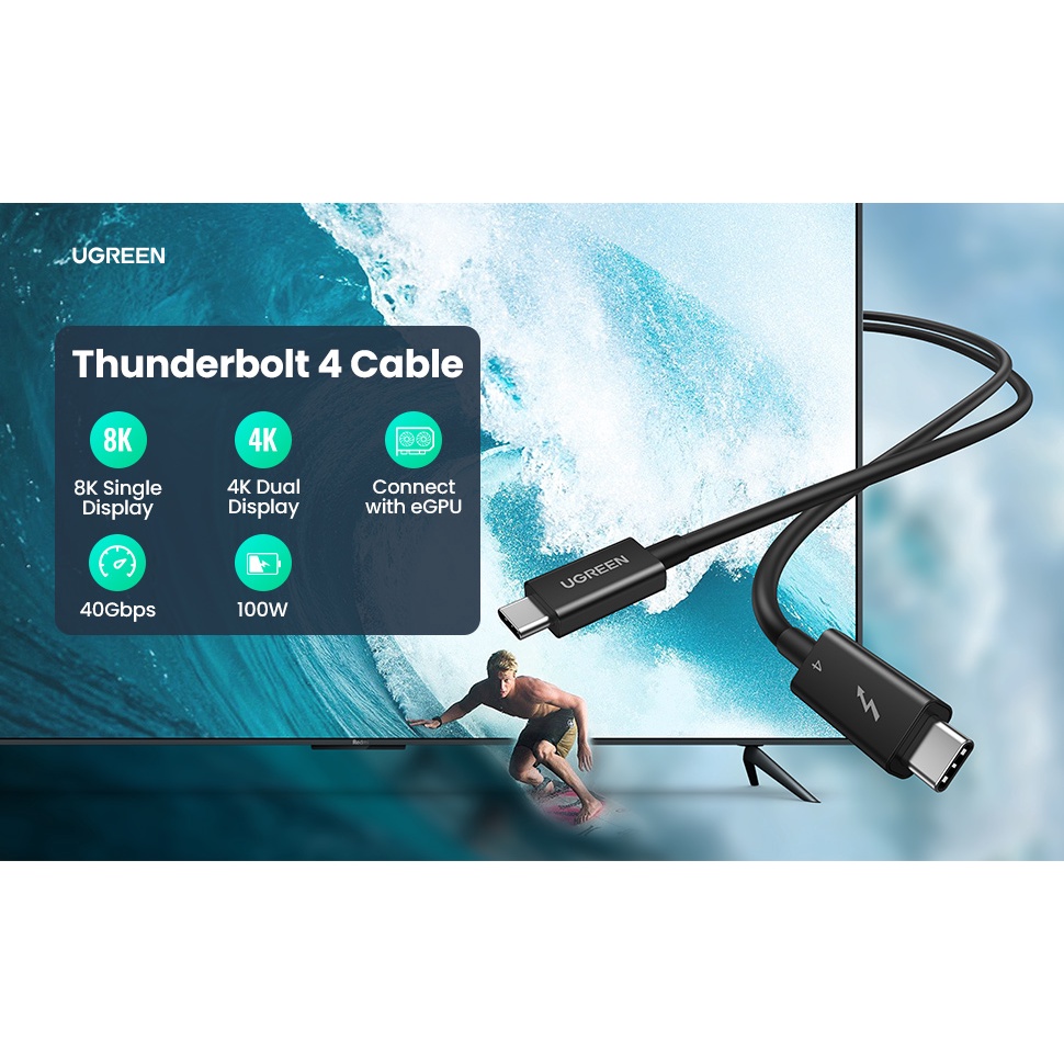Cáp Thunderbolt 4 40Gbps 100W Data Ugreen US501 - 30389, 60621 - Cáp Thunderbolt 4 40Gbps 100W Data Ugreen USS501 * Đầu vào: Type C * Đầu ra: Type C * Chức năng: Truyền dữ liệu + sạc + Âm thanh & video * Chuẩn Thunderbolt 4, 40Gbps ,tương thích ngược với USB4 / 3.1 / 3.0 / 2.0. * Sạc nhanh hơn 5A （PD 100W） * Truyền âm thanh và video đồng thời * Tích hợp IC hoạt động, Hỗ trợ độ phân giải cao 8K @ 60Hz hoặc màn hình kép 4K @ 60Hz