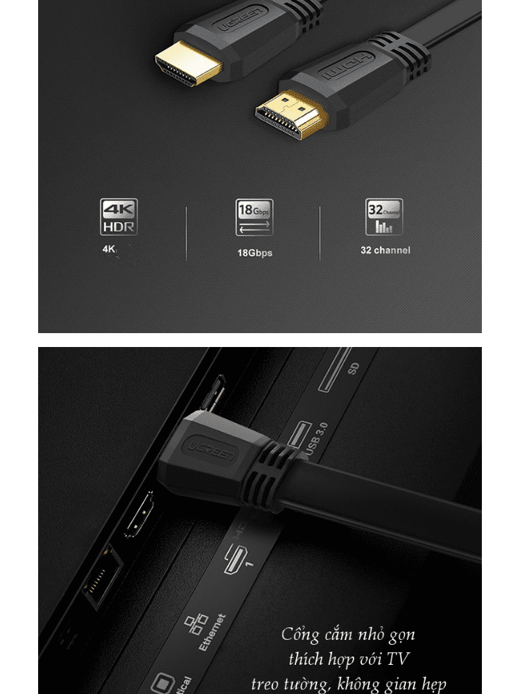 Cáp HDMI 2.0 UGREEN ED015 Hỗ trợ độ phân giải 4Kx2K 3D Full HD1080 dạng dây dẹt 8 Cáp HDMI 2.0 UGREEN ED015 Hỗ trợ độ phân giải 4Kx2K 3D Full HD1080 dạng dây dẹt