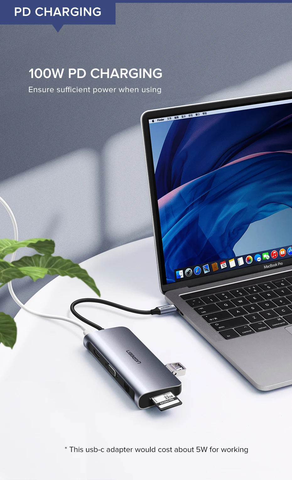 Hub Ugreen USB Type-C sang HDMI, VGA, LAN, USB 3.0, SD, USB-C CM179 80133 40873 - <ul> <li>Hub Ugreen USB Type-C sang HDMI, VGA, LAN, USB 3.0, SD, USB-C CM179</li> <li>Chuẩn USB 3.0, Tốc độ truyền lên đến 5Gbps, Tương thích ngược USB 2.0 / 1.1</li> <li>Độ phân giải HDMI lên đến 4K @ 30Hz; 2K @ 60HZ; 1080P @ 120Hz</li> <li>Độ phân giải VGA lên đến 1080P @ 60Hz</li> <li>Hỗ trợ cổng HDMI và VGA sử dụng đồng thời</li> <li>Hỗ trợ truy cập mạng 10/100 / 1000Mbps</li> <li>AUX3.5mm có thể được sử dụng độc lập</li> <li>Hỗ trợ thẻ nhớ để sử dụng đồng thời</li> <li>Tốc độ truyền thẻ nhớ: ≈90MB / S</li> <li>Với cổng cấp nguồn PD （100W）</li> </ul>