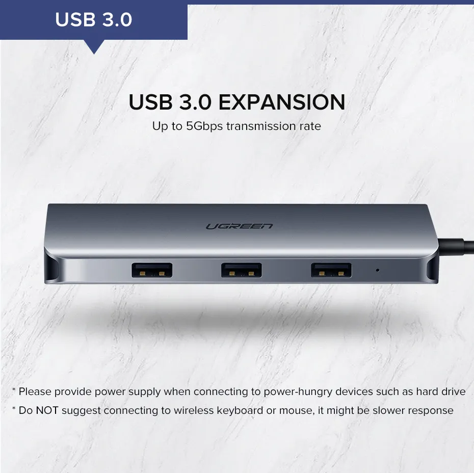 Hub Ugreen USB Type-C sang HDMI, VGA, LAN, USB 3.0, SD, USB-C CM179 80133 40873 - <ul> <li>Hub Ugreen USB Type-C sang HDMI, VGA, LAN, USB 3.0, SD, USB-C CM179</li> <li>Chuẩn USB 3.0, Tốc độ truyền lên đến 5Gbps, Tương thích ngược USB 2.0 / 1.1</li> <li>Độ phân giải HDMI lên đến 4K @ 30Hz; 2K @ 60HZ; 1080P @ 120Hz</li> <li>Độ phân giải VGA lên đến 1080P @ 60Hz</li> <li>Hỗ trợ cổng HDMI và VGA sử dụng đồng thời</li> <li>Hỗ trợ truy cập mạng 10/100 / 1000Mbps</li> <li>AUX3.5mm có thể được sử dụng độc lập</li> <li>Hỗ trợ thẻ nhớ để sử dụng đồng thời</li> <li>Tốc độ truyền thẻ nhớ: ≈90MB / S</li> <li>Với cổng cấp nguồn PD （100W）</li> </ul>