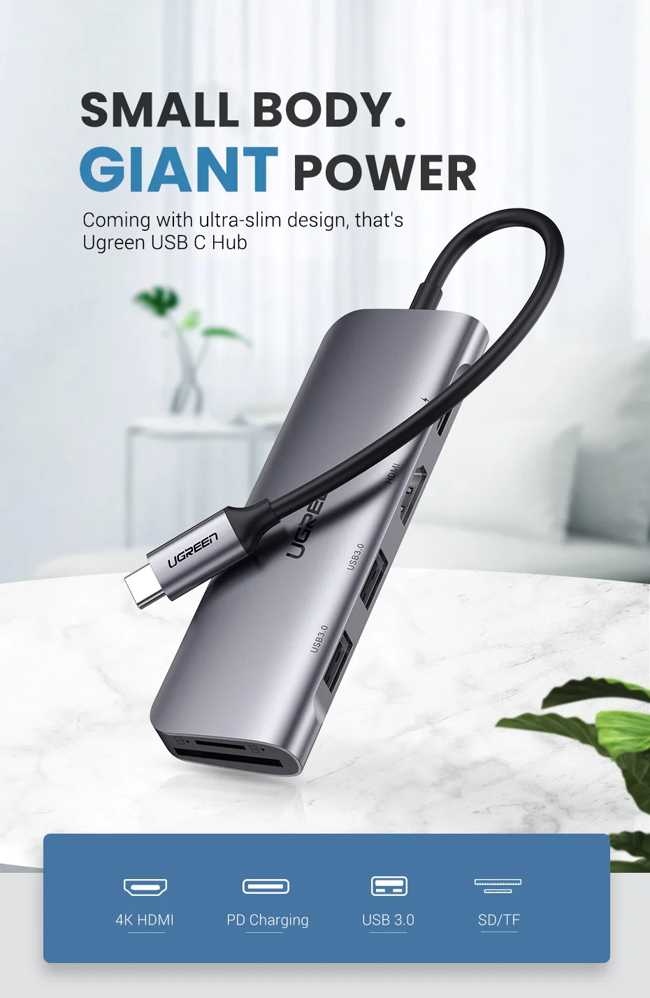 Hub chuyển đổi 6 in 1 Ugreen CM195 70411 - <ul> <li>Hub chuyển đổi 6 in 1 Ugreen CM195 70411</li> <li>2*USB3.0 + HDMI + SD + TF (sử dụng đồng thời) + PD</li> <li>Chuẩn USB 3.0, Tốc độ truyền lên đến 5Gbps, Tương thích ngược USB 2.0 / 1.1</li> <li>Độ phân giải HDMI lên đến 4K*2K /30Hz;</li> <li>Kích thước sản phẩm: 115x36x12.5 (mm)</li> <li> Chiều dài: 15cm</li> </ul>