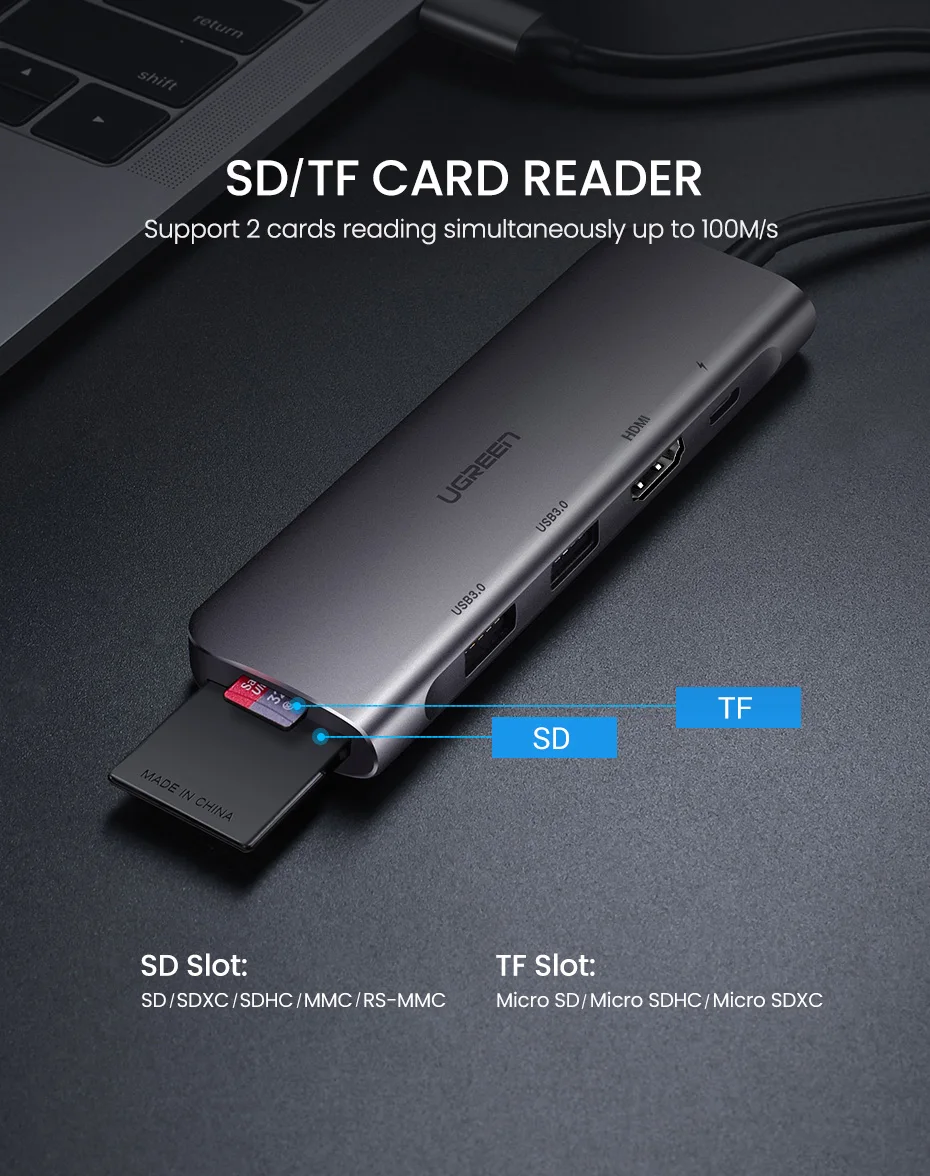 Hub chuyển đổi 6 in 1 Ugreen CM195 70411 - <ul> <li>Hub chuyển đổi 6 in 1 Ugreen CM195 70411</li> <li>2*USB3.0 + HDMI + SD + TF (sử dụng đồng thời) + PD</li> <li>Chuẩn USB 3.0, Tốc độ truyền lên đến 5Gbps, Tương thích ngược USB 2.0 / 1.1</li> <li>Độ phân giải HDMI lên đến 4K*2K /30Hz;</li> <li>Kích thước sản phẩm: 115x36x12.5 (mm)</li> <li> Chiều dài: 15cm</li> </ul>