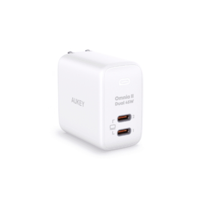 Aukey PA-B4T Củ sạc nhanh 2 cổng, chấu gập PD 45W - • Model : PA-B4T • Màu sắc : Đen, Trắng • Công nghệ : Power Delivery 3.0 FAST CHARGE , GaN Chip , PPS , QC 3.0 • PD 3.0 Protocol Chip • Bảo vệ quá nhiệt • Bảo vệ quá dòng • Bảo vệ quá áp • Bảo vệ ngắn mạch • Chống sét • Tương thích với chuẩn sạc nhanh Apple và Samsung • Tự điều chỉnh dòng điện để tối ưu hoá công suất ttrong quá trình sạc • Nguồn vào : 100-240V ~ 50/60HZ 1.3A • Nguồn ra : 5V/3A , 9V/3A , 12V/3A , 15V/3A , 20V/2.25A ( 45W ) – PPS : 3.3-16V 3A – C1 / C2 : 45W – C1 + C2 : 20W + 25W – C2 + C1 : 25W + 20W • Công suất tối đa : 45W • Kích thước : 52 x 30 x 52mm • Trọng lượng : 111g • Bảo hành chính hãng 18 tháng • Hộp sản phẩm gồm : Sạc nhanh AUKEY PA – B4T , hướng dẫn sử dụng