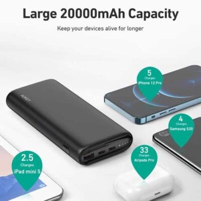 Aukey PB-Y37 Sạc dự phòng 20.000mAh 65W PD - <ul> <li>Dung lượng: 20.000mAh</li> <li>Màu sắc: Đen</li> <li>Đầu vào USB-C: 5-20V (Tối đa 45W)</li> <li>Đầu ra USB-C 1: 5V 3A, 9V 3A, 12V 3A, 15V 3A, 20V 3.25A (tối đa 65W, Power Delivery 3.0)</li> <li>Đầu ra USB-C 2: 15V 3A, 3V 2A, 12V 1.5A (Tối đa 18W, Power Delivery 3.0)</li> <li>Đầu ra USB: 5-6V 3A, 6-9V 2A, 9-12V 1.5A (Sạc nhanh tối đa 18W 3.0)</li> <li>Công suất tối đa: 65W</li> <li>Kích thước 15.7 x 7.2 x 2.5cm</li> <li>Trọng lượng: 370g</li> </ul> Có cái gì trong hộp vậy: <ul> <li>1 x Sạc dự phòng AUKEY PB-Y37</li> <li>1 x Cáp USB C to C</li> <li>1 x Hướng dẫn sử dụng</li> </ul>