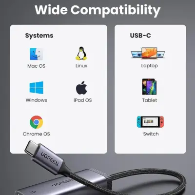 Cáp chuyển đổi USB Type-C sang mạng Gigabit Ugreen CM483 40322 - <ul> <li><strong>Mã sản phẩm:</strong> Ugreen CM483 40322</li> <li><strong>Loại:</strong> Cáp chuyển đổi USB Type-C sang mạng Gigabit</li> <li><strong>Giao diện:</strong> 1 cổng USB Type-C đực, 1 cổng RJ45 cái</li> <li><strong>Tốc độ truyền tải:</strong> Lên đến 1Gbps</li> <li><strong>Chất liệu:</strong> Vỏ nhôm cao cấp</li> <li><strong>Màu sắc:</strong> Xám</li> <li><strong>Chiều dài:</strong> 15cm</li> <li><strong>Tương thích:</strong> Windows, macOS, Linux, Android</li> </ul>