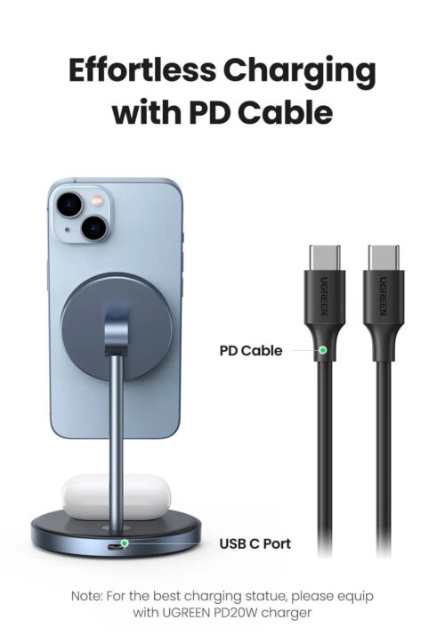 Ugreen CD317 - Đế sạc không dây từ tính 2 trong 1  Ugreen, Đầu cắm USB-C PD, Sạc đồng thời 2 thiết bị - Hình ảnh 5