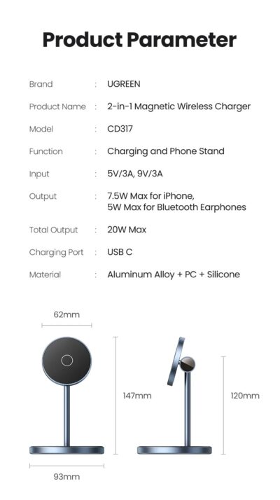 Ugreen CD317 - Đế sạc không dây từ tính 2 trong 1 Ugreen, Đầu cắm USB-C PD, Sạc đồng thời 2 thiết bị - <ul> <li>Model: Ugreen CD317</li> <li class="QN2lPu">Sạc đồng thời 2 thiết bị</li> <li class="QN2lPu">Tương thích với điện thoại thông minh và tai nghe</li> <li class="QN2lPu">Điện áp đầu vào: 5V/3A; 9V/3A</li> <li class="QN2lPu">Công suất tối đa 20W</li> <li class="QN2lPu">Sạc nhanh an toàn</li> <li class="QN2lPu">Đèn LED báo hiệu</li> <li class="QN2lPu">Khóa từ chắc chắn</li> </ul>