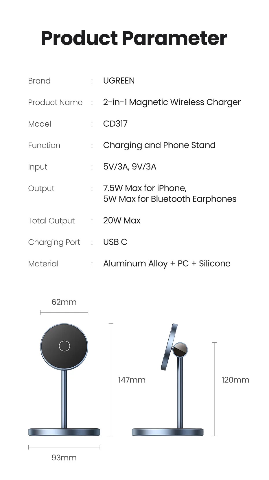 Ugreen CD317 - Đế sạc không dây từ tính 2 trong 1 Ugreen, Đầu cắm USB-C PD, Sạc đồng thời 2 thiết bị - <ul> <li>Model: Ugreen CD317</li> <li class="QN2lPu">Sạc đồng thời 2 thiết bị</li> <li class="QN2lPu">Tương thích với điện thoại thông minh và tai nghe</li> <li class="QN2lPu">Điện áp đầu vào: 5V/3A; 9V/3A</li> <li class="QN2lPu">Công suất tối đa 20W</li> <li class="QN2lPu">Sạc nhanh an toàn</li> <li class="QN2lPu">Đèn LED báo hiệu</li> <li class="QN2lPu">Khóa từ chắc chắn</li> </ul>