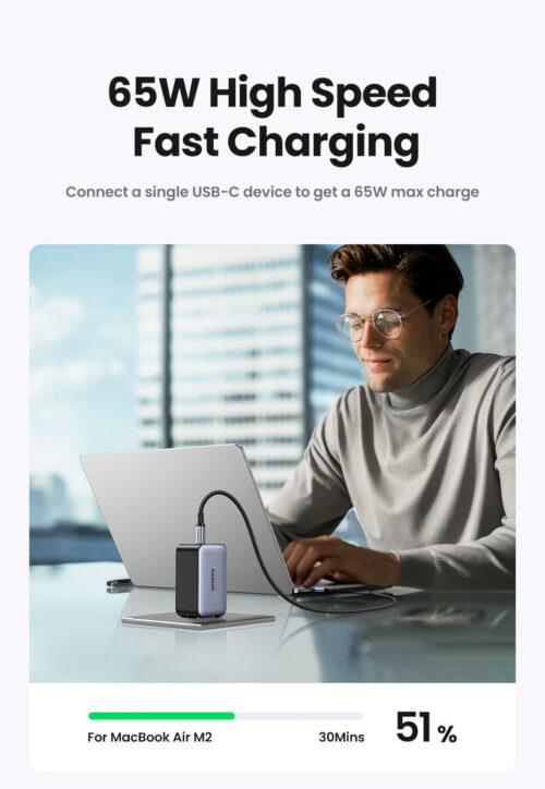 Củ sạc nhanh UGREEN 65W CD244 Nexode GaN II cho máy tính, điện thoại, 3 cổng sạc nhanh QC 4.0 3.0 - Hình ảnh 8