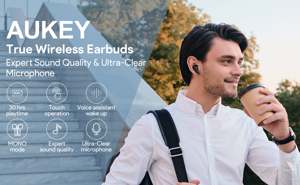 Aukey EP-M1 Tai nghe true wireless chống nước IPX4 - THÔNG SỐ KỸ THUẬT <ul> <li>Màu sắc: Đen, Trắng</li> <li>Kết nối: Bluetooth 5.0</li> <li>Kích thước trình điều khiển: 1 x 10 mm / 0,3"</li> <li>Độ nhạy của loa: 101dB ± 3dB</li> <li>Dải tần: 20 Hz - 20 kHz</li> <li>Trở kháng: 32 ôm</li> <li>Loại micrô: Micrô MEMS</li> <li>Độ nhạy của micrô: -42dB ± 3dB</li> <li>Dải tần của micrô: 100 Hz - 10 kH</li> <li>Thời gian sạc lên tới: 2,5 giờ.</li> <li>Thời lượng: tối đa 30 giờ (có hộp đựng)</li> </ul> Tai nghe Fullbox bao gồm : <ul> <li>1 x Tai nghe không dây AUKEY EP-M1</li> <li>1 x Hộp sạc</li> <li>Ba cặp khuyên tai (S / M / L)</li> <li>1 x Cáp USB-C</li> <li>1 x Hướng dẫn sử dụng</li> <li>1 x Hướng dẫn Bắt đầu Nhanh</li> </ul>
