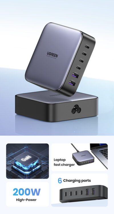 Củ sạc UGREEN CD271 Nexode GaN II 200W cho máy tính, điện thoại, 6 cổng sạc nhanh, tặng cáp USB C to C - <ul> <li>Model: UGREEN CD271 Nexode GaN II</li> <li class="irIKAp">Đầu vào: 100-240V~ 2.5A 50-60Hz</li> <li class="irIKAp">Tổng công suất: Tối đa 200W</li> <li class="irIKAp">Dây nguồn có thể tháo rời: 2m/6,56ft</li> <li class="irIKAp">Đầu ra USB: <ul> <li class="irIKAp">USB-C1/C2: 5V/3A, 9V/3A, 12V/3A, 15V/3A, 20V/5A, Tối đa 100W; PPS: 3.3-21V/3A</li> <li class="irIKAp">USB-C3/C4: 5V/3A, 9V/3A, 12V/3A, 15V/3A, 20V/3.25A, Tối đa 65W; PPS：3.3-21V/3A</li> <li class="irIKAp">USB-A1/A2: 4.5V/5A, 5V/4.5A, 5V/3A, 9V/2A, 12V/1.5A, Tối đa 22.5W</li> </ul> </li> <li class="irIKAp">Giao thức hỗ trợ: <ul> <li class="irIKAp">USB-C: PD3.0/ PPS/ QC4+(QC4.0/QC3.0)/ FCP/ AFC/ 5V2.4A/ BC1.2</li> <li class="irIKAp">USB-A: SCP/ QC3.0/ FCP/ AFC/ 5V2.4A/ BC1.2</li> </ul> </li> </ul>