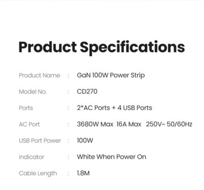 Ugreen CD270 - Trạm sạc Ugreen 100W USB C DigiNest Pro, GaN II, 7 in 1, 3C-1A-3AC, Sạc nhanh PD/ PPS - <ul> <li>Model: Ugreen CD270 100w</li> <li>Chân cắm: dẹt EU, tròn US</li> <li class="QN2lPu">Tổng công suất khi dùng chức năng Củ sạc: 100W</li> <li class="QN2lPu">Khi sạc chỉ 01 cổng: <ul> <li class="QN2lPu">C1 = C2 PD 100W Max: 5V/3A; 9V/3A; 12V/3A; 15V/3A; 20V/5A hoặc Sạc siêu nhanh PPS 1.0 từ 25W đến 63W Max: 3.3-21V/3A</li> <li class="QN2lPu">C3 PD 22.5W Max: 5V/3A; 9V/2.5A; 12V/1.88A hoặc Sạc siêu nhanh PPS 1.0 22W Max: 3.3~5.9V/3A ; 3.3~11V/2A</li> <li class="QN2lPu">A SCP 22.5W Max: 4.5V/5A 5V/4.5A hoặc QC 3.0 18W Max: 5V/3A 9V/2A 12V/1.5A</li> </ul> </li> <li class="QN2lPu">Khi sạc cả 02 cổng cùng lúc: <ul> <li class="QN2lPu">C1 + C2 = 65W + 30W = 30W + 65W = 95W Max</li> <li class="QN2lPu">C1 + C3 = C1 + A = 65W + 18W = 87.5W Max</li> <li class="QN2lPu"> C2 + C3 = C2 + A = 65W + 18W = 87.5W Max</li> <li class="QN2lPu">{C3 + A} = 10.5W + 10.5W = 21W</li> </ul> </li> <li class="QN2lPu">Khi sạc cả 03 cổng cùng lúc: <ul> <li class="QN2lPu">C1 + C2 + C3 = C1 + C2 + A = 45W + 30W + 22.5W = 97.5W Max</li> <li class="QN2lPu">C1 + {C3 + A} = C2 + {C3 + A} = 65W + 21W = 76W Max</li> </ul> </li> <li class="QN2lPu">Khi sạc full 04 cổng: <ul> <li class="QN2lPu">C1 + C2 + {C3 + A} = 45W + 30W + 21W = 96W Max</li> </ul> </li> <li class="QN2lPu">Tổng công suất khi dùng chức năng Ổ cắm điện: <ul> <li class="QN2lPu">Đầu vào: 100-240V～50/60Hz</li> <li class="QN2lPu">Đầu ra 03 ổ cắm điện AC, tổng công suất 1875W Max: 125V/15A</li> </ul> </li> </ul>