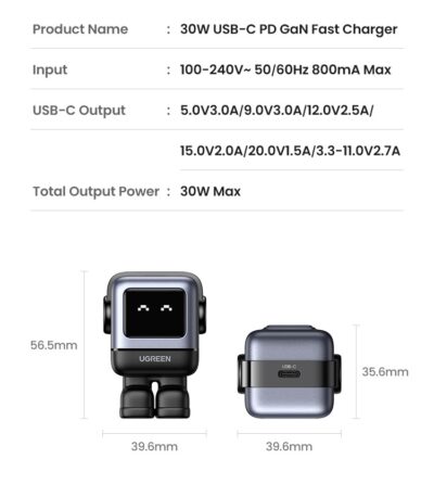 Củ sạc siêu nhanh UGREEN CD359 Nexode Robot GaN Mini 30W, LED màn hình, Công nghệ PD3.0/QC4.0/PPS - <ul> <li>Model: UGREEN CD359 Nexode Robot GaN Mini 30W</li> <li>Công suất: 30w</li> <li>Đầu vào: 100-240V~50/60Hz 800mA Max</li> <li>Đầu ra: 5.0V 3.0A/9.0V 3.0A/12.0V 2.5A/15.0V 2.0A/20.0V 1.5A/3.3-11.0V 2.7A</li> </ul> [wpcode id="2387"]
