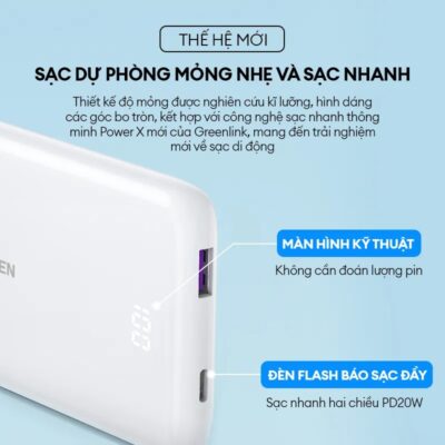 Ugreen PB200 - Pin sạc dự phòng Ugreen 10000mAh, Sạc Nhanh 2 chiều PD20W+22.5W, Công Nghệ Power X, Lõi pin ATL - <ul> <li>Model: <span style="font-size: 100%;">Ugreen PB200</span></li> <li class="QN2lPu">Loại pin: Pin Li-polymer</li> <li class="QN2lPu">Dung lượng pin: 10000mAh 3.7V (37Wh)</li> <li class="QN2lPu">Dung lượng định mức: 6250mAh (TYP 5V 2.4A)</li> <li class="QN2lPu">Chất liệu: PC + ABS</li> <li class="QN2lPu">Đầu vào USB-C: 5V/3A, 9V/2.22A, 12V/1.5A</li> <li class="QN2lPu">Đầu ra USB-C: 5V/3A, 9V/2.22A, 12V/1.5A</li> <li class="QN2lPu">Đầu ra USB-A: 5V/3A, 9V/2A, 12V/1.5A, 4.5V/5A, 5V/4.5A</li> <li class="QN2lPu">Đầu ra đồng thời nhiều cổng: Tối đa 5V/2.4A</li> <li class="QN2lPu">Pin ALT nhà máy Apple.</li> <li class="QN2lPu">Tính năng: sạc nhanh, có đèn pin LED, đầu ra đa cổng</li> </ul>