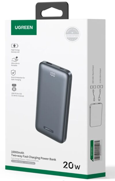 Ugreen PB198 - Pin sạc dự phòng Ugreen PD 20W+22.5W, 2 cổng USB-A & USB-C, 10000mAh, sạc nhanh 2 chiều - <ul> <li>Model: Ugreen PB198</li> <li>Tính năng: Sạc nhanh dự phòng di động 10000mAh</li> <li>Dung lượng định mức: 10000mAh điện áp 3.7V</li> <li>Dung lượng thực tế: 6250mAh điện áp 5V</li> <li>Chất liệu: PC + ABS</li> <li>Có LED báo dung lượng pin</li> <li>Loại Pin: Li-polymer (Pin ATL nhà máy Apple)</li> <li>Có Chip bảo vệ quá điện áp, quá dòng, quá nhiệt...</li> <li>Cổng USB-C: 5V/3A, 9V/2.22A, 12V/1.5A tối đa 20W (2 chiều)</li> <li>Cổng USB-A: 5V/3A, 9V/2A, 12V/1.5A, 4.5V/5A, 5V/4.5A tối đa 22.5W</li> <li>Đầu ra đồng thời 2 cổng: Tối đa 5V/2.4A</li> <li>Giao thức: SCP/QC3.0/PD3.0/PPS/FCP/APPLE 5V2.4A/SAMSUNG 5V2A/BC1.2.</li> <li>Màu: đen</li> <li>Trọng lượng: 242g</li> </ul>