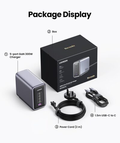Bộ sạc nhanh UGREEN Nexode 300W CD333 Charger 5 Port USB-C GAN III 140W PD3.1/PD3.0/PPS/QC4+/SCP - <ul> <li>Model: UGREEN Nexode 300W CD333</li> <li>Tổng số cổng : 5 Cổng ( USB-C x 4, USB-A x 1)</li> <li>Đầu vào: 100-240V～50/60Hz 4.2A Tối đa</li> <li>Công suất: 300W</li> <li>Công nghệ sạc USB-C1 : PD3.1、PD3.0、PPS、QC5.0、QC3+、QC3.0、SCP(10V2.25A)、FCP、AFC、APPLE 5V2.4A、Sumsung 5V2A、BC1.2</li> <li>USB-C2/ C3 : PD3.0、PPS、QC4+、QC3.0、QC2.0、FCP、AFC、APPLE 5V2.4A、Sumsung 5V2A、BC1.2</li> <li>USB-C4: PD3.0、PPS、QC4+、QC3.0、QC2 .0、SCP(10V2.25A)、FCP、AFC、APPLE 5V2.4A、Sumsung 5V2A、BC1.2</li> <li>USB-A：QC3.0、QC2.0、SCP(10V2.25A)、FCP、AFC、APPLE 5V2 .4A, Sumsung 5V2A, BC1.2</li> <li>Kích thước: 116x95x53mm</li> </ul>