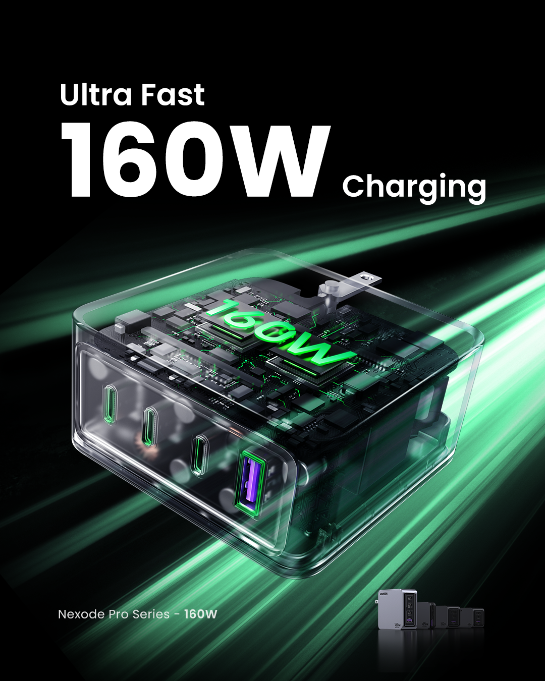 Bộ sạc nhanh GaN Nexode Pro 160W UGREEN X763 - 25876 | Sạc đồng thời 4 cổng | Công suất 140W cho MacBook Pro 16" - <ul> <li><span style="font-size: 100%;">Model: UGREEN Nexode Pro 160W X763 - 25876</span></li> <li class="QN2lPu"><span style="font-size: 100%;">Đầu vào: 100-240V~50/60Hz 2AMax</span></li> <li class="QN2lPu"><span style="font-size: 100%;">Đầu ra USB-C1: 5.0V 3.0A/9.0V=3.0A/12.0V=3.0A /15.0V=3.0A/20.0V 5.0A/28.0V=5.0A Tối đa 140W</span></li> <li class="QN2lPu"><span style="font-size: 100%;">Đầu ra USB-C2: 5.0V 3.0A/9.0V=3.0A/12.0V=3.0A/15.0V=3.0A/20.0V 5.0A Tối đa 100W</span></li> <li class="QN2lPu"><span style="font-size: 100%;">Đầu ra USB-C3: 5.0V 3.0A/9.0V=3.0A/12.0V=2.5A Tối đa 30W</span></li> <li class="QN2lPu"><span style="font-size: 100%;">Đầu ra USB-A: 5.0V 5.0V=3.0A 3.0A/9.0V=2.0A/12.0V /1.5A/10V=2.25A Tối đa 22,5W</span></li> <li class="QN2lPu"><span style="font-size: 100%;">Tổng công suất đầu ra: Tối đa 160W</span></li> <li class="QN2lPu"><span style="font-size: 100%;">Giao thức USB-C: PD3.1/PD3.0/PPS/QC4+(QC40/QC3.0)/FCP/AFC APPLE 5V2.4A/BC1.2</span></li> <li class="QN2lPu"><span style="font-size: 100%;">Giao thức USB-A: SCP/QC3.0/FCP/AFC/APPLE 5V2.4A/BC1.2</span></li> </ul>