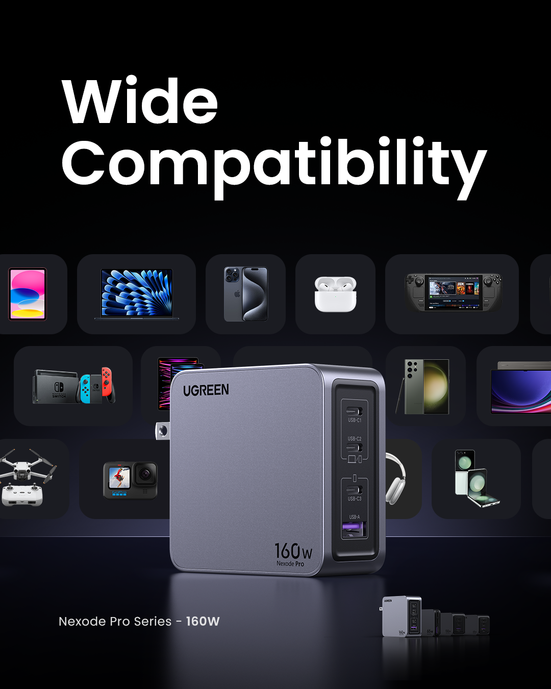 Bộ sạc nhanh GaN Nexode Pro 160W UGREEN X763 - 25876 | Sạc đồng thời 4 cổng | Công suất 140W cho MacBook Pro 16" - <ul> <li><span style="font-size: 100%;">Model: UGREEN Nexode Pro 160W X763 - 25876</span></li> <li class="QN2lPu"><span style="font-size: 100%;">Đầu vào: 100-240V~50/60Hz 2AMax</span></li> <li class="QN2lPu"><span style="font-size: 100%;">Đầu ra USB-C1: 5.0V 3.0A/9.0V=3.0A/12.0V=3.0A /15.0V=3.0A/20.0V 5.0A/28.0V=5.0A Tối đa 140W</span></li> <li class="QN2lPu"><span style="font-size: 100%;">Đầu ra USB-C2: 5.0V 3.0A/9.0V=3.0A/12.0V=3.0A/15.0V=3.0A/20.0V 5.0A Tối đa 100W</span></li> <li class="QN2lPu"><span style="font-size: 100%;">Đầu ra USB-C3: 5.0V 3.0A/9.0V=3.0A/12.0V=2.5A Tối đa 30W</span></li> <li class="QN2lPu"><span style="font-size: 100%;">Đầu ra USB-A: 5.0V 5.0V=3.0A 3.0A/9.0V=2.0A/12.0V /1.5A/10V=2.25A Tối đa 22,5W</span></li> <li class="QN2lPu"><span style="font-size: 100%;">Tổng công suất đầu ra: Tối đa 160W</span></li> <li class="QN2lPu"><span style="font-size: 100%;">Giao thức USB-C: PD3.1/PD3.0/PPS/QC4+(QC40/QC3.0)/FCP/AFC APPLE 5V2.4A/BC1.2</span></li> <li class="QN2lPu"><span style="font-size: 100%;">Giao thức USB-A: SCP/QC3.0/FCP/AFC/APPLE 5V2.4A/BC1.2</span></li> </ul>