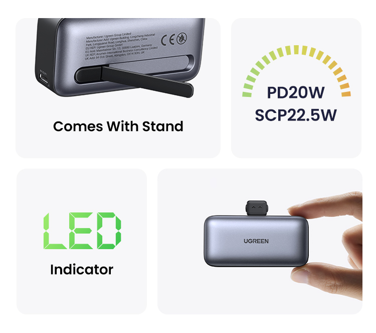 Pin dự phòng tích hợp đầu nối USB-C UGREEN PB503 5000mAh PD 20W, SCP 22,5W Màn hình LED tích hợp giá đỡ - <ul> <li><strong>Model</strong>: Ugreen PB503</li> <li><strong>Loại pin</strong>: Pin Li-ion</li> <li><strong>Dung lượng pin</strong>: 5000mAh, 3.6V (18.5Wh)</li> <li><strong>Dung lượng định mức</strong>: 2500mAh (Thông thường 5V 2.4A)</li> <li><strong>Thời gian sạc đầy</strong>: 2.5 giờ (với sạc PD 20W)</li> <li><strong>Tổng công suất đầu ra</strong>: 5V, 3A, 15W Max</li> <li><strong> Đầu vào</strong>: <ul> <li><strong>USB-C1: </strong>5V, 3A / 9V, 2.22A / 12V, 1.67A</li> <li><strong>USB-C2</strong>: 5V, 3A / 9V, 2.22A / 12V, 1.67A</li> </ul> </li> <li><strong>Đầu ra</strong>: <ul> <li><strong>USB-C1: </strong>10V, 2.25A / 5V, 3A / 9V, 2.22A / 12V, 1.67A</li> <li><strong>USB-C2</strong>: 10V, 2.25A / 5V, 3A / 9V, 2.22A / 12V, 1.67A</li> </ul> </li> <li><strong>Kích thước gói hàng</strong>: 10cm x 10cm x 3cm</li> <li><strong>Trọng lượng sản phẩm</strong>: 140g</li> <li><strong>Trọng lượng cả gói</strong>: 202g</li> </ul>