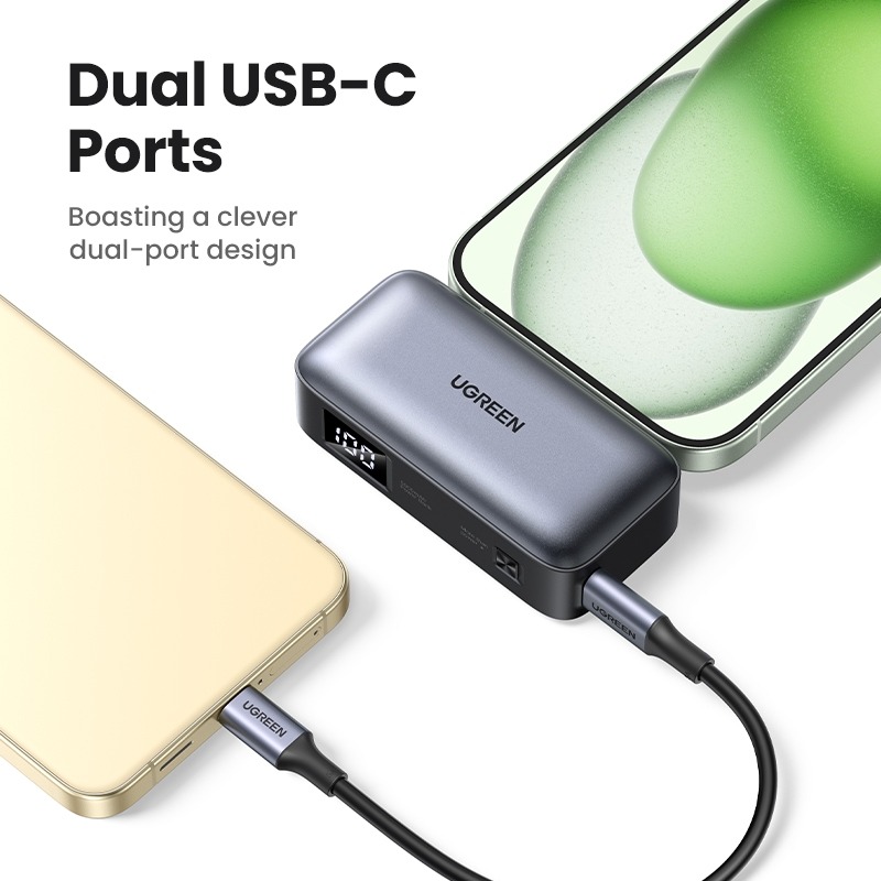 Pin dự phòng tích hợp đầu nối USB-C UGREEN PB503 5000mAh PD 20W, SCP 22,5W Màn hình LED tích hợp giá đỡ - <ul> <li><strong>Model</strong>: Ugreen PB503</li> <li><strong>Loại pin</strong>: Pin Li-ion</li> <li><strong>Dung lượng pin</strong>: 5000mAh, 3.6V (18.5Wh)</li> <li><strong>Dung lượng định mức</strong>: 2500mAh (Thông thường 5V 2.4A)</li> <li><strong>Thời gian sạc đầy</strong>: 2.5 giờ (với sạc PD 20W)</li> <li><strong>Tổng công suất đầu ra</strong>: 5V, 3A, 15W Max</li> <li><strong> Đầu vào</strong>: <ul> <li><strong>USB-C1: </strong>5V, 3A / 9V, 2.22A / 12V, 1.67A</li> <li><strong>USB-C2</strong>: 5V, 3A / 9V, 2.22A / 12V, 1.67A</li> </ul> </li> <li><strong>Đầu ra</strong>: <ul> <li><strong>USB-C1: </strong>10V, 2.25A / 5V, 3A / 9V, 2.22A / 12V, 1.67A</li> <li><strong>USB-C2</strong>: 10V, 2.25A / 5V, 3A / 9V, 2.22A / 12V, 1.67A</li> </ul> </li> <li><strong>Kích thước gói hàng</strong>: 10cm x 10cm x 3cm</li> <li><strong>Trọng lượng sản phẩm</strong>: 140g</li> <li><strong>Trọng lượng cả gói</strong>: 202g</li> </ul>