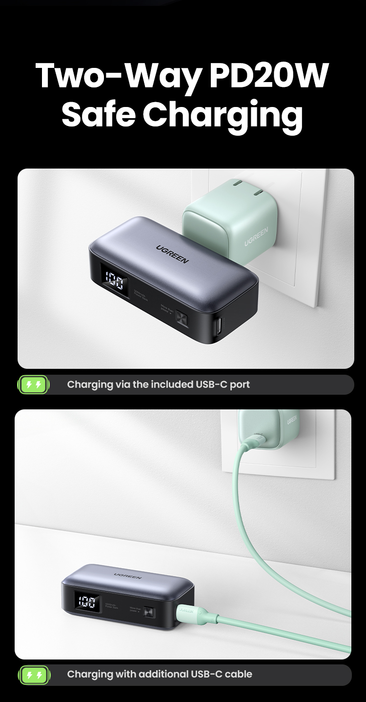 Pin dự phòng tích hợp đầu nối USB-C UGREEN PB503 5000mAh PD 20W, SCP 22,5W Màn hình LED tích hợp giá đỡ - <ul> <li><strong>Model</strong>: Ugreen PB503</li> <li><strong>Loại pin</strong>: Pin Li-ion</li> <li><strong>Dung lượng pin</strong>: 5000mAh, 3.6V (18.5Wh)</li> <li><strong>Dung lượng định mức</strong>: 2500mAh (Thông thường 5V 2.4A)</li> <li><strong>Thời gian sạc đầy</strong>: 2.5 giờ (với sạc PD 20W)</li> <li><strong>Tổng công suất đầu ra</strong>: 5V, 3A, 15W Max</li> <li><strong> Đầu vào</strong>: <ul> <li><strong>USB-C1: </strong>5V, 3A / 9V, 2.22A / 12V, 1.67A</li> <li><strong>USB-C2</strong>: 5V, 3A / 9V, 2.22A / 12V, 1.67A</li> </ul> </li> <li><strong>Đầu ra</strong>: <ul> <li><strong>USB-C1: </strong>10V, 2.25A / 5V, 3A / 9V, 2.22A / 12V, 1.67A</li> <li><strong>USB-C2</strong>: 10V, 2.25A / 5V, 3A / 9V, 2.22A / 12V, 1.67A</li> </ul> </li> <li><strong>Kích thước gói hàng</strong>: 10cm x 10cm x 3cm</li> <li><strong>Trọng lượng sản phẩm</strong>: 140g</li> <li><strong>Trọng lượng cả gói</strong>: 202g</li> </ul>