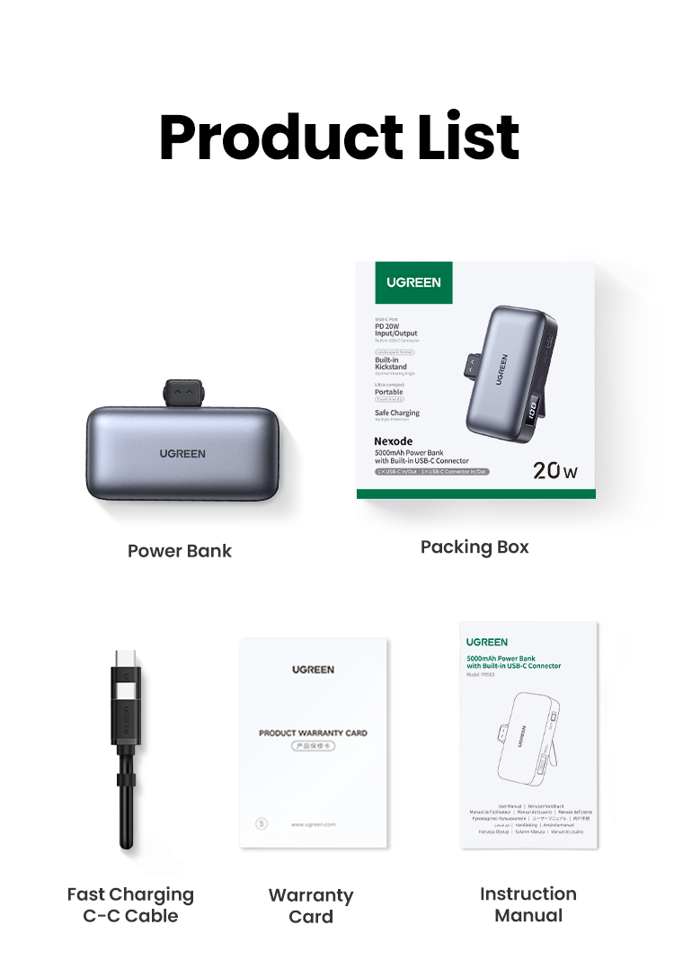 Pin dự phòng tích hợp đầu nối USB-C UGREEN PB503 5000mAh PD 20W, SCP 22,5W Màn hình LED tích hợp giá đỡ - <ul> <li><strong>Model</strong>: Ugreen PB503</li> <li><strong>Loại pin</strong>: Pin Li-ion</li> <li><strong>Dung lượng pin</strong>: 5000mAh, 3.6V (18.5Wh)</li> <li><strong>Dung lượng định mức</strong>: 2500mAh (Thông thường 5V 2.4A)</li> <li><strong>Thời gian sạc đầy</strong>: 2.5 giờ (với sạc PD 20W)</li> <li><strong>Tổng công suất đầu ra</strong>: 5V, 3A, 15W Max</li> <li><strong> Đầu vào</strong>: <ul> <li><strong>USB-C1: </strong>5V, 3A / 9V, 2.22A / 12V, 1.67A</li> <li><strong>USB-C2</strong>: 5V, 3A / 9V, 2.22A / 12V, 1.67A</li> </ul> </li> <li><strong>Đầu ra</strong>: <ul> <li><strong>USB-C1: </strong>10V, 2.25A / 5V, 3A / 9V, 2.22A / 12V, 1.67A</li> <li><strong>USB-C2</strong>: 10V, 2.25A / 5V, 3A / 9V, 2.22A / 12V, 1.67A</li> </ul> </li> <li><strong>Kích thước gói hàng</strong>: 10cm x 10cm x 3cm</li> <li><strong>Trọng lượng sản phẩm</strong>: 140g</li> <li><strong>Trọng lượng cả gói</strong>: 202g</li> </ul>