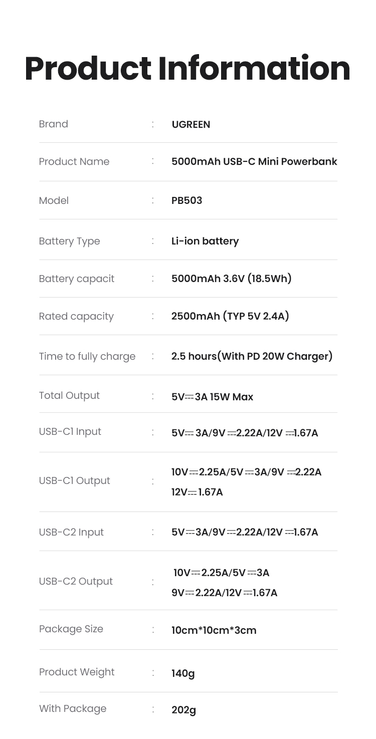 Pin dự phòng tích hợp đầu nối USB-C UGREEN PB503 5000mAh PD 20W, SCP 22,5W Màn hình LED tích hợp giá đỡ - <ul> <li><strong>Model</strong>: Ugreen PB503</li> <li><strong>Loại pin</strong>: Pin Li-ion</li> <li><strong>Dung lượng pin</strong>: 5000mAh, 3.6V (18.5Wh)</li> <li><strong>Dung lượng định mức</strong>: 2500mAh (Thông thường 5V 2.4A)</li> <li><strong>Thời gian sạc đầy</strong>: 2.5 giờ (với sạc PD 20W)</li> <li><strong>Tổng công suất đầu ra</strong>: 5V, 3A, 15W Max</li> <li><strong> Đầu vào</strong>: <ul> <li><strong>USB-C1: </strong>5V, 3A / 9V, 2.22A / 12V, 1.67A</li> <li><strong>USB-C2</strong>: 5V, 3A / 9V, 2.22A / 12V, 1.67A</li> </ul> </li> <li><strong>Đầu ra</strong>: <ul> <li><strong>USB-C1: </strong>10V, 2.25A / 5V, 3A / 9V, 2.22A / 12V, 1.67A</li> <li><strong>USB-C2</strong>: 10V, 2.25A / 5V, 3A / 9V, 2.22A / 12V, 1.67A</li> </ul> </li> <li><strong>Kích thước gói hàng</strong>: 10cm x 10cm x 3cm</li> <li><strong>Trọng lượng sản phẩm</strong>: 140g</li> <li><strong>Trọng lượng cả gói</strong>: 202g</li> </ul>