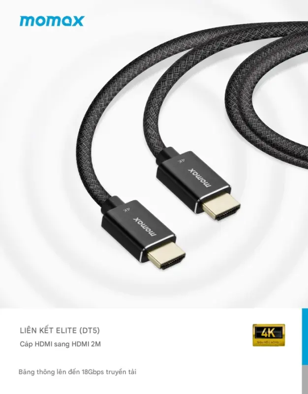 Cáp sạc bện nylon MOMAX DT5D EliteLink HDMI 2.0 dài 2m - Trải nghiệm hình ảnh và âm thanh sống động trên màn hình lớn với <strong>Cáp sạc bện nylon MOMAX DT5D EliteLink HDMI 2.0 dài 2m</strong>. Chuẩn HDMI 2.0 hỗ trợ độ phân giải 4K@60Hz sắc nét, lý tưởng cho TV, màn hình và máy chiếu. Vỏ cáp bện nylon siêu bền chuẩn Elite, chống đứt gãy và chống rối hiệu quả. Chiều dài 2m tiện lợi cho mọi thiết lập. Đáng tin cậy, bền bỉ và hiệu quả, <strong>MOMAX DT5D</strong> là sợi cáp HDMI "vạn năng" cho giải trí và làm việc. Nâng tầm kết nối HDMI của bạn với <strong>MOMAX DT5D</strong>!