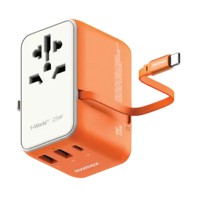 Bộ sạc du lịch MOMAX UA20UK 3 cổng 1-World+ Cáp USB-C tích hợp 25W - Giải phóng bạn khỏi mọi lo lắng về sạc khi du lịch quốc tế với <strong>Bộ sạc du lịch đa năng MOMAX UA20UK GaN 3 cổng 1-World+ có cáp USB-C tích hợp 25W tương thích hơn 200 quốc gia</strong>. Tương thích hơn 200 quốc gia với các chân cắm tích hợp thông minh, bộ sạc <strong>MOMAX UA20UK</strong> mang đến tổng công suất sạc 25W đáng tin cậy nhờ công nghệ GaN. Với 3 cổng sạc (2 USB-C & 1 USB-A) và đặc biệt là cáp USB-C tích hợp sẵn, bạn có thể nạp năng lượng cho nhiều thiết bị cùng lúc mà không cần mang theo dây rời. Nhỏ gọn, an toàn và cực kỳ đa năng. <strong>MOMAX UA20UK</strong> là giải pháp năng lượng "tất cả trong một", đáng tin cậy cho mọi chuyến đi.