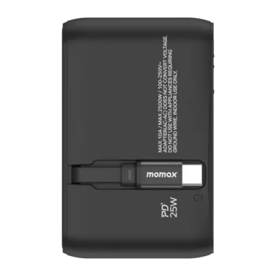 Bộ sạc du lịch MOMAX UA20UK 3 cổng 1-World+ Cáp USB-C tích hợp 25W - Giải phóng bạn khỏi mọi lo lắng về sạc khi du lịch quốc tế với <strong>Bộ sạc du lịch đa năng MOMAX UA20UK GaN 3 cổng 1-World+ có cáp USB-C tích hợp 25W tương thích hơn 200 quốc gia</strong>. Tương thích hơn 200 quốc gia với các chân cắm tích hợp thông minh, bộ sạc <strong>MOMAX UA20UK</strong> mang đến tổng công suất sạc 25W đáng tin cậy nhờ công nghệ GaN. Với 3 cổng sạc (2 USB-C & 1 USB-A) và đặc biệt là cáp USB-C tích hợp sẵn, bạn có thể nạp năng lượng cho nhiều thiết bị cùng lúc mà không cần mang theo dây rời. Nhỏ gọn, an toàn và cực kỳ đa năng. <strong>MOMAX UA20UK</strong> là giải pháp năng lượng "tất cả trong một", đáng tin cậy cho mọi chuyến đi.