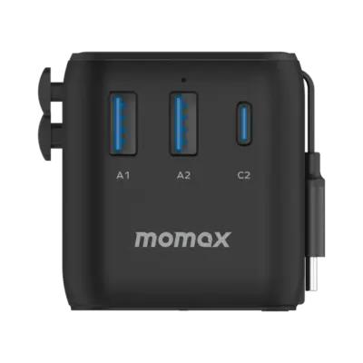 Bộ sạc du lịch MOMAX UA20UK 3 cổng 1-World+ Cáp USB-C tích hợp 25W - Giải phóng bạn khỏi mọi lo lắng về sạc khi du lịch quốc tế với <strong>Bộ sạc du lịch đa năng MOMAX UA20UK GaN 3 cổng 1-World+ có cáp USB-C tích hợp 25W tương thích hơn 200 quốc gia</strong>. Tương thích hơn 200 quốc gia với các chân cắm tích hợp thông minh, bộ sạc <strong>MOMAX UA20UK</strong> mang đến tổng công suất sạc 25W đáng tin cậy nhờ công nghệ GaN. Với 3 cổng sạc (2 USB-C & 1 USB-A) và đặc biệt là cáp USB-C tích hợp sẵn, bạn có thể nạp năng lượng cho nhiều thiết bị cùng lúc mà không cần mang theo dây rời. Nhỏ gọn, an toàn và cực kỳ đa năng. <strong>MOMAX UA20UK</strong> là giải pháp năng lượng "tất cả trong một", đáng tin cậy cho mọi chuyến đi.