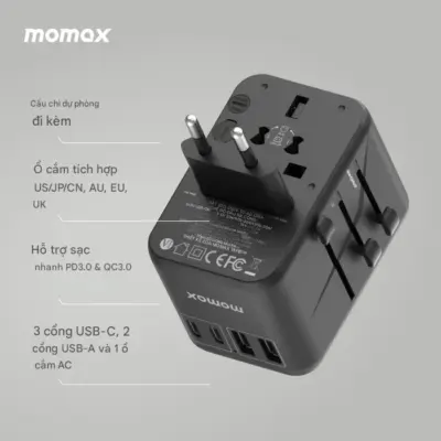 Bộ sạc du lịch MOMAX UA8AU GaN 5 cổng 1-World Universal 70W - Khám phá thế giới không lo hết pin với <strong>Bộ sạc du lịch đa năng MOMAX UA8AU GaN 5 cổng 1-World Universal 70W tương thích hơn 200 quốc gia</strong>. Tích hợp sẵn các loại chân cắm, bộ sạc <strong>MOMAX UA8AU</strong> hoạt động tại hơn 200 quốc gia. Tổng công suất 70W mạnh mẽ nhờ công nghệ GaN tiên tiến, cùng với 5 cổng sạc (3 USB-C PD & 2 USB-A QC), cho phép bạn nạp năng lượng đồng thời cho mọi thiết bị. Nhỏ gọn, an toàn và cực kỳ đa năng. <strong>MOMAX UA8AU</strong> là giải pháp năng lượng "tất cả trong một", đáng tin cậy cho mọi hành trình, giữ thiết bị của bạn luôn sẵn sàng hoạt động ở bất kỳ đâu trên thế giới.