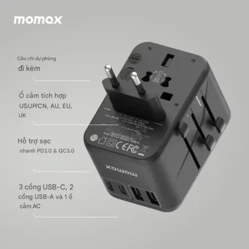 Bộ sạc du lịch MOMAX UA8AU GaN 5 cổng 1-World Universal 70W - Hình ảnh 3