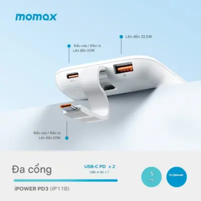 Pin dự phòng MOMAX IP118 iPower PD3 kèm cáp USB-C 10000mAh - Sẵn sàng cho mọi thử thách trong ngày cùng <strong>Pin dự phòng MOMAX IP118 iPower PD3 kèm cáp USB-C 10000mAh</strong>. Sở hữu dung lượng 10000mAh đáng tin cậy, đủ sức kéo dài thời gian sử dụng cho điện thoại, máy tính bảng và nhiều thiết bị khác. Điểm nhấn là cáp USB-C được tích hợp sẵn ngay trên thân pin – người hùng cứu nguy khi bạn quên cáp. Hỗ trợ công nghệ sạc nhanh PD3 mạnh mẽ qua cả cổng và cáp. Gọn nhẹ, tiện lợi, <strong>MOMAX IP118 iPower PD3 kèm cáp USB-C 10000mAh</strong> là người bạn đồng hành năng lượng hoàn hảo cho cuộc sống không ngừng nghỉ.