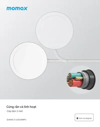 Bộ sạc không dây từ tính MOMAX UD29MFI Q.Mag 3 15W - Trải nghiệm sạc không dây đỉnh cao cho iPhone của bạn với <strong>bộ sạc không dây từ tính MOMAX UD29MFI</strong> Q.Mag 3. Sản phẩm tự hào sở hữu chứng nhận MFI chính thức từ Apple, đảm bảo khả năng sạc nhanh 15W an toàn và hiệu quả cho các dòng iPhone hỗ trợ MagSafe (iPhone 12 trở lên). Công nghệ từ tính mạnh mẽ giúp căn chỉnh hoàn hảo, chỉ cần đặt lên là sạc. Thiết kế nhỏ gọn, cao cấp và bền bỉ. <strong>MOMAX UD29MFI</strong> là lựa chọn hoàn hảo để tối ưu hóa trải nghiệm sạc của bạn, mang đến sự tiện lợi và yên tâm tuyệt đối.