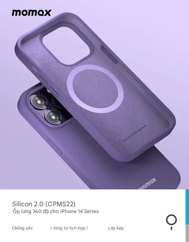 Ốp lưng silicon MOMAX MSAP22 bảo vệ từ tính cho iPhone 14 Series - Mang đến cảm giác cầm nắm mềm mại và khả năng bảo vệ hiệu quả cho iPhone 14 Series với <strong>ốp lưng silicon MOMAX MSAP22</strong> bảo vệ từ tính. Thiết kế ôm sát, chống trượt, chiếc ốp này tích hợp hoàn hảo công nghệ MagSafe. Vòng nam châm mạnh mẽ trên <strong>MOMAX MSAP22</strong> đảm bảo kết nối chắc chắn với sạc không dây 15W và các phụ kiện từ tính khác. Bảo vệ điện thoại khỏi trầy xước và va đập nhẹ hàng ngày. Viền nhô cao thông minh bảo vệ màn hình và cụm camera. <strong>Ốp lưng MOMAX MSAP22</strong> là sự lựa chọn tiện lợi, an toàn và thoải mái, giữ cho iPhone 14 của bạn luôn đẹp và hoạt động trơn tru.