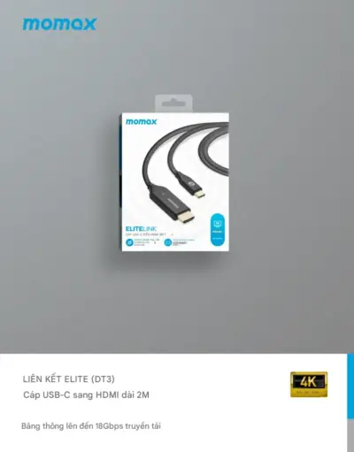 Cáp sạc bện nylon MOMAX DT3D EliteLink USB-C sang HDMI dài 2m - Biến mọi màn hình lớn thành không gian làm việc hoặc giải trí của bạn với <strong>Cáp sạc bện nylon MOMAX DT3D EliteLink USB-C sang HDMI dài 2m</strong>. Dễ dàng kết nối laptop, tablet, hoặc smartphone có cổng USB-C (hỗ trợ xuất hình DisplayPort Alternate Mode) với màn hình, TV hoặc máy chiếu qua cổng HDMI. Hỗ trợ độ phân giải 4K sắc nét, vỏ cáp bện nylon siêu bền chuẩn Elite và chiều dài 2m lý tưởng. <strong>MOMAX DT3D</strong> mang đến trải nghiệm hình ảnh mượt mà, đáng tin cậy và tiện lợi. Nâng tầm hiển thị của bạn với <strong>MOMAX DT3D</strong>!