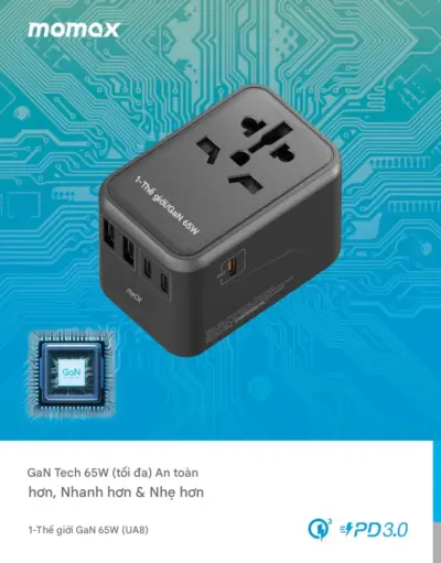 Bộ sạc du lịch đa năng MOMAX UA8U GaN 5 cổng 1-World Universal 65W tương thích hơn 200 quốc gia - Trải nghiệm sự tự do du lịch không giới hạn với <strong>Bộ sạc du lịch đa năng MOMAX UA8U GaN 5 cổng 1-World Universal 65W tương thích hơn 200 quốc gia</strong>. Tương thích với hầu hết các chuẩn ổ cắm trên thế giới, bộ sạc <strong>MOMAX UA8U</strong> mang đến tổng công suất sạc 65W mạnh mẽ nhờ công nghệ GaN. Với 5 cổng sạc tiện lợi (USB-C PD & USB-A QC), bạn có thể sạc đồng thời nhiều thiết bị. Nhỏ gọn, đáng tin cậy và cực kỳ đa năng, <strong>MOMAX UA8U</strong> là người bạn đồng hành năng lượng hoàn hảo cho mọi chuyến đi khắp năm châu.