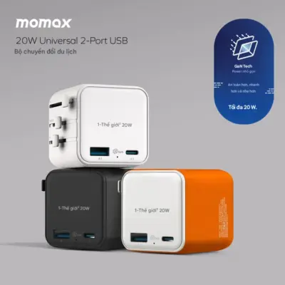 Bộ sạc du lịch MOMAX UA29 GaN 2 cổng USB-A và USB-C 20W 1-World² - Đừng để khác biệt về ổ cắm làm gián đoạn những chuyến phiêu lưu của bạn! <strong>Bộ sạc du lịch MOMAX UA29 GaN 2 cổng USB-A và USB-C 20W 1-World²</strong> là người bạn đồng hành hoàn hảo cho mọi điểm đến. Với khả năng tương thích hơn 200 quốc gia nhờ các chân cắm tích hợp thông minh, bộ sạc <strong>MOMAX UA29</strong> mang đến tổng công suất 20W đáng tin cậy nhờ công nghệ GaN tiên tiến. Với 2 cổng sạc (1 USB-C PD & 1 USB-A QC), bạn có thể nạp năng lượng cho điện thoại, máy tính bảng cùng lúc. Nhỏ gọn, an toàn và cực kỳ đa năng. <strong>MOMAX UA29</strong> - Giải pháp năng lượng thiết yếu cho mọi hành trình, giữ thiết bị của bạn luôn sẵn sàng hoạt động ở bất kỳ đâu trên thế giới.
