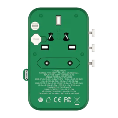 Bộ sạc du lịch MOMAX UA20UK 3 cổng 1-World+ Cáp USB-C tích hợp 25W - Giải phóng bạn khỏi mọi lo lắng về sạc khi du lịch quốc tế với <strong>Bộ sạc du lịch đa năng MOMAX UA20UK GaN 3 cổng 1-World+ có cáp USB-C tích hợp 25W tương thích hơn 200 quốc gia</strong>. Tương thích hơn 200 quốc gia với các chân cắm tích hợp thông minh, bộ sạc <strong>MOMAX UA20UK</strong> mang đến tổng công suất sạc 25W đáng tin cậy nhờ công nghệ GaN. Với 3 cổng sạc (2 USB-C & 1 USB-A) và đặc biệt là cáp USB-C tích hợp sẵn, bạn có thể nạp năng lượng cho nhiều thiết bị cùng lúc mà không cần mang theo dây rời. Nhỏ gọn, an toàn và cực kỳ đa năng. <strong>MOMAX UA20UK</strong> là giải pháp năng lượng "tất cả trong một", đáng tin cậy cho mọi chuyến đi.