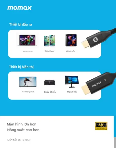 Cáp sạc bện nylon MOMAX DT3D EliteLink USB-C sang HDMI dài 2m - Biến mọi màn hình lớn thành không gian làm việc hoặc giải trí của bạn với <strong>Cáp sạc bện nylon MOMAX DT3D EliteLink USB-C sang HDMI dài 2m</strong>. Dễ dàng kết nối laptop, tablet, hoặc smartphone có cổng USB-C (hỗ trợ xuất hình DisplayPort Alternate Mode) với màn hình, TV hoặc máy chiếu qua cổng HDMI. Hỗ trợ độ phân giải 4K sắc nét, vỏ cáp bện nylon siêu bền chuẩn Elite và chiều dài 2m lý tưởng. <strong>MOMAX DT3D</strong> mang đến trải nghiệm hình ảnh mượt mà, đáng tin cậy và tiện lợi. Nâng tầm hiển thị của bạn với <strong>MOMAX DT3D</strong>!