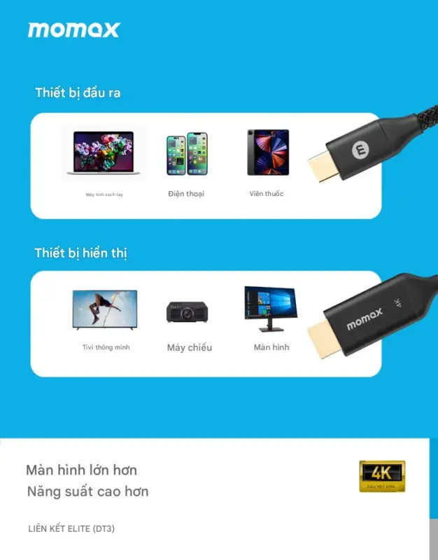 Cáp sạc bện nylon MOMAX DT3D EliteLink USB-C sang HDMI dài 2m - Biến mọi màn hình lớn thành không gian làm việc hoặc giải trí của bạn với <strong>Cáp sạc bện nylon MOMAX DT3D EliteLink USB-C sang HDMI dài 2m</strong>. Dễ dàng kết nối laptop, tablet, hoặc smartphone có cổng USB-C (hỗ trợ xuất hình DisplayPort Alternate Mode) với màn hình, TV hoặc máy chiếu qua cổng HDMI. Hỗ trợ độ phân giải 4K sắc nét, vỏ cáp bện nylon siêu bền chuẩn Elite và chiều dài 2m lý tưởng. <strong>MOMAX DT3D</strong> mang đến trải nghiệm hình ảnh mượt mà, đáng tin cậy và tiện lợi. Nâng tầm hiển thị của bạn với <strong>MOMAX DT3D</strong>!