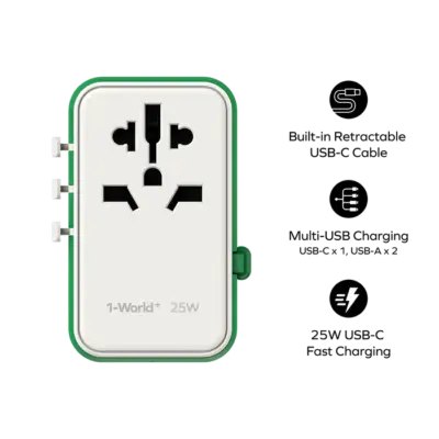 Bộ sạc du lịch MOMAX UA20UK 3 cổng 1-World+ Cáp USB-C tích hợp 25W - Giải phóng bạn khỏi mọi lo lắng về sạc khi du lịch quốc tế với <strong>Bộ sạc du lịch đa năng MOMAX UA20UK GaN 3 cổng 1-World+ có cáp USB-C tích hợp 25W tương thích hơn 200 quốc gia</strong>. Tương thích hơn 200 quốc gia với các chân cắm tích hợp thông minh, bộ sạc <strong>MOMAX UA20UK</strong> mang đến tổng công suất sạc 25W đáng tin cậy nhờ công nghệ GaN. Với 3 cổng sạc (2 USB-C & 1 USB-A) và đặc biệt là cáp USB-C tích hợp sẵn, bạn có thể nạp năng lượng cho nhiều thiết bị cùng lúc mà không cần mang theo dây rời. Nhỏ gọn, an toàn và cực kỳ đa năng. <strong>MOMAX UA20UK</strong> là giải pháp năng lượng "tất cả trong một", đáng tin cậy cho mọi chuyến đi.